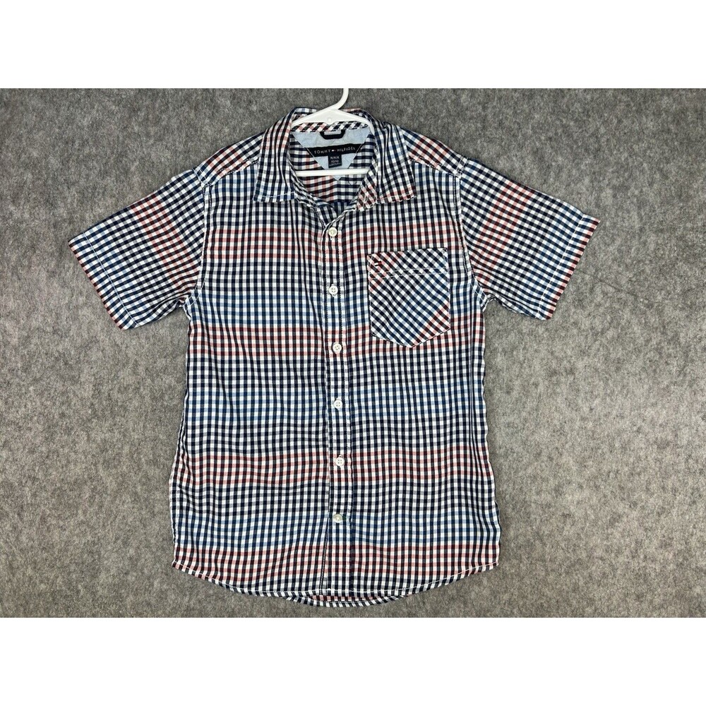 Tommy Hilfiger Boys 12/14 M Blue Red Plaid Short Sleeve Button Up Shirt